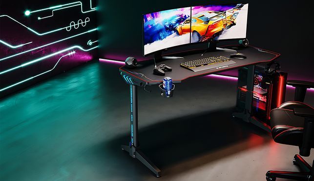 SONNI Gaming Tisch mit LED Beleuchtung mit Groß Mauspad mit Getränkehalter 1400x600x740mm