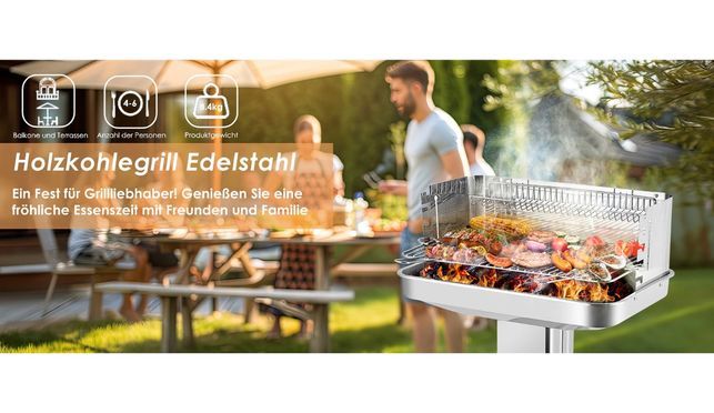 Holzkohlegrill edelstahl, Säulengrill,BBQ Grill für Camping, Strand, Garten, Party