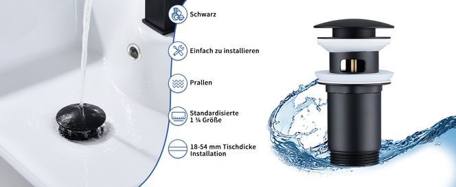 Schwarz Waschbeckenstöpsel – 1 ¼ Zoll, einfache Installation