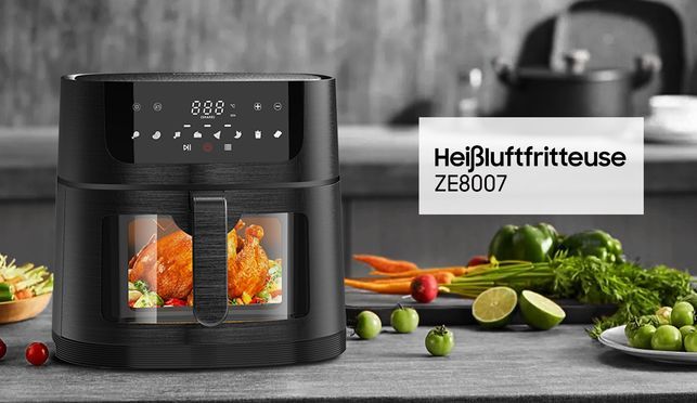 9 l ölfreie XL Heißluftfritteuse, 8 Programme, Sichtfenster, einstellbare Zeit und Temperatur, Touch