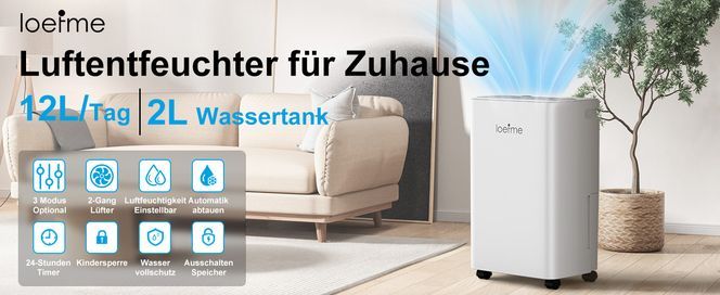 LOEFME Luftentfeuchter für Zuhause – 12L/Tag, 2L Wassertank, 3 Modi, Einstellbare Luftfeuchtigkeit