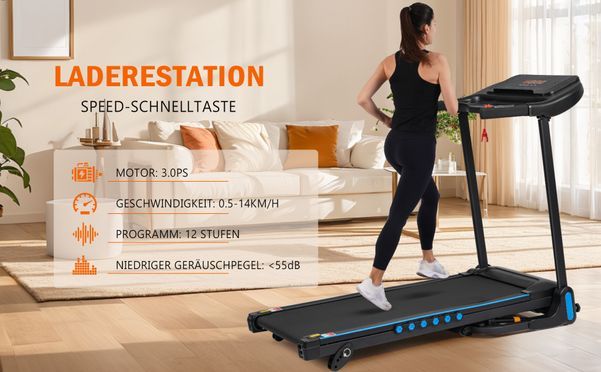 Laufband mit 3,0 PS Motor und Steigung 6%, mit Herzfrequenzmonitor, Für Zuhause Laufband Für Zuhause