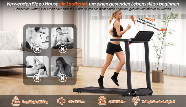 Laufband Kompakte 2,5 PS Laufband mit APP&3 Trainingsmodi, klappbar,LED Display,Herzfrequenzsensor