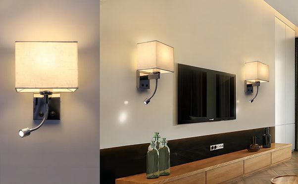 Ansprechende Textilwandlampe mit praktischer Zusatzausstattung in Form einer LED Leselampe