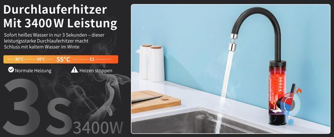 Elektrischer Wasserhahn mit 3400W – Heißwasser in 3 Sekunden