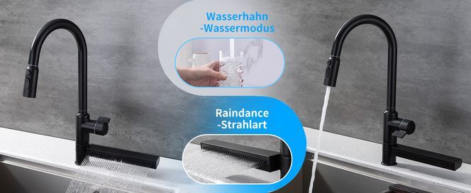 Küchenarmatur mit Ausziehbrause & seitlichem Wasserfall – 2 Strahlarten, Schwarz Matt