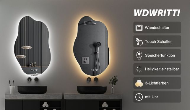 WDWRITTI Design LED Multifunktionspiegel mit Uhr Wolke 52x85cm