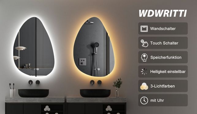 WDWRITTI Design LED Multifunktionspiegel mit Uhr Wassertropfen 55x80cm