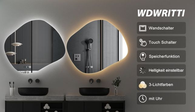 WDWRITTI LED Multifunktionspiegel mit Uhr Steinform 84x74cm
