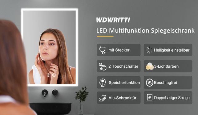 WDWRITTI LED Multifunktion Spiegelschrank mit Speicherfunktion 50x12,5x70cm