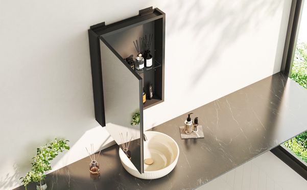 HOPIBATH Aluminium Spiegelschrank Schwarz Matt 40x12,5x60cm Eckig 1türig