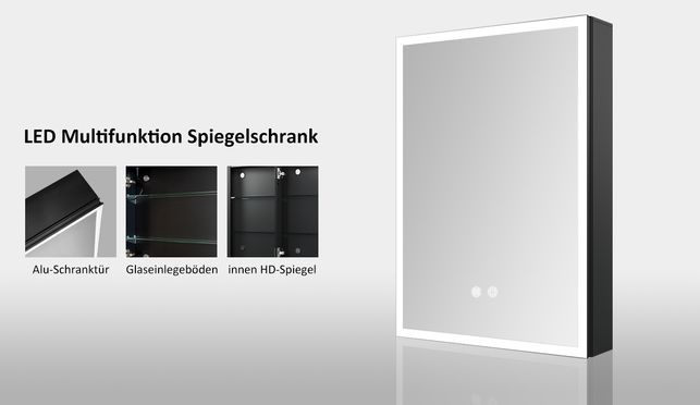 WDWRITTI LED Multifunktion Alu Spiegelschrank mit Speicherfunktion IP44