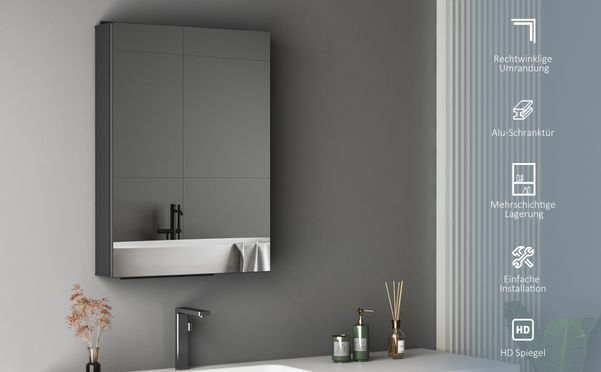 HOPIBATH Aluminium Spiegelschrank Schwarz Matt Eckig 1türig