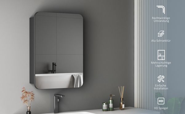 HOPIBATH Aluminium Spiegelschrank Schwarz Matt Rechteckig 1türig