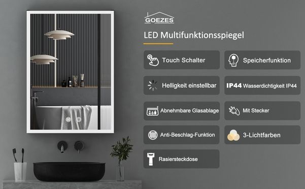 WDWRITTI LED Multifunktion Alu Spiegelschrank mit Speicherfunktion IP44
