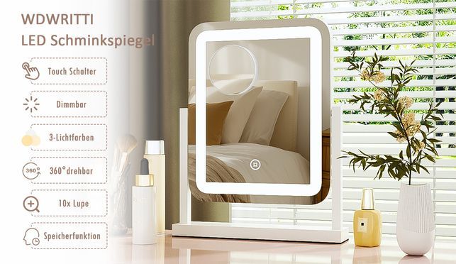 WDWRITTI LED Schminkspiegel 3Lichtfarben, Dimmbar, 360° Drehbar 31,5 x 10 x 39 cm