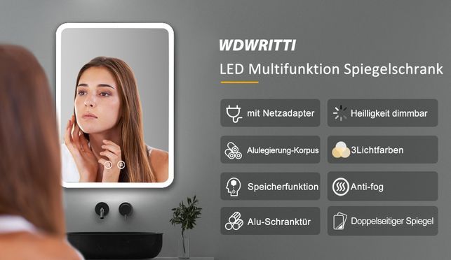 WDWRITTI LED Multifunktion Alu Spiegelschrank mit Speicherfunktion IP44