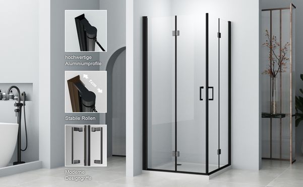 HOPIBATH Duschkabine Schwarz 180° Falttür mit NANO B: 90/100/120cm H:195cm
