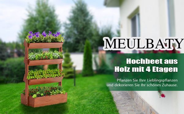 Meulbaty Holz Hochbeet Premium Blumenkasten Balkon, 4 Etagen Outdoor Blumentreppe 