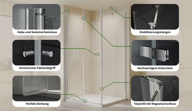 AmuseVera Duschkabine Falttür mit Seitenwand,Drehfalttür mit festem Seitenteil mit 6mm ESG Glas