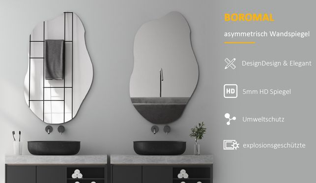 BOROMAL Design Asymmetrisch Badspiegel Rahmenlos Wolke 62x90cm
