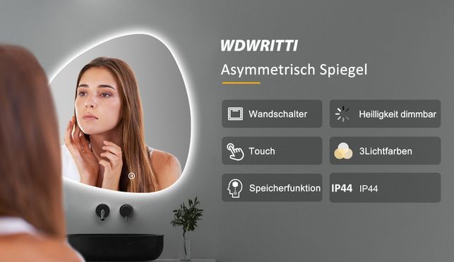 WDWRITTI LED Multifunktionspiegel mit Speicherfunktion Stein 80x80cm