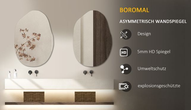 BOROMAL Design Asymmetrisch Spiegel Rahmenlos Kieselstein 55x80cm