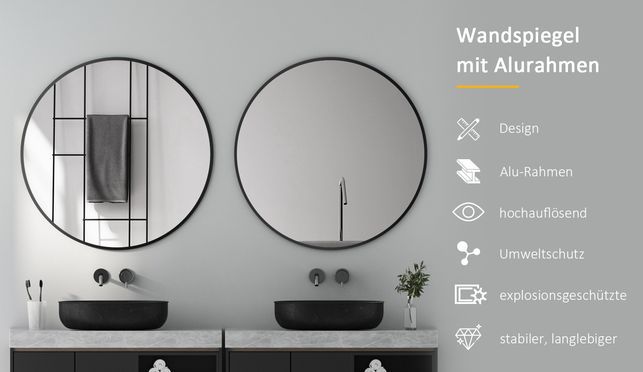 BOROMAL Modern Badspiegel groß Rund mit Schwarz Alurahmen 100x100cm