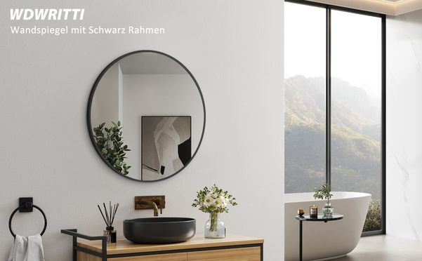 WDWRITTI Modern Badspiegel groß Rund mit Schwarz Alurahmen 100x100cm