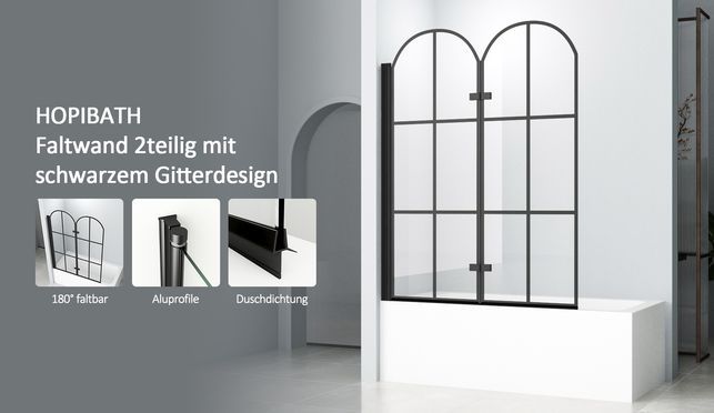 HOPIBATH Badewannenfaltwand mit schwarzem Gitter Schwarz 120x140cm