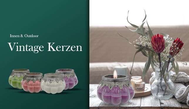 Vintage Kerze im Glas in verschiedenen Farben ideal für den Garten