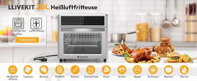 LLIVEKIT 26L Heißluftfritteuse XXL, Heißluftbackofen mit LED Touchscreen