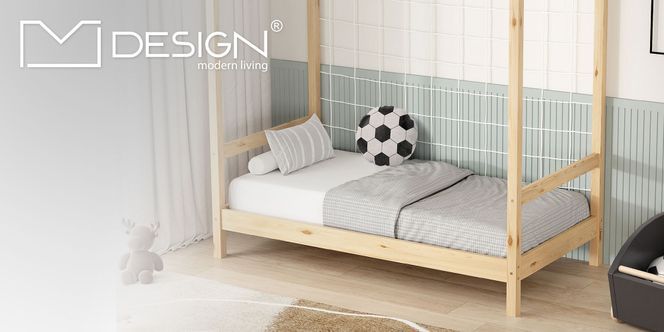 Kinderbett Fußballtor 70x140 cm, Natur, Einzelbett für Kinder, Holzbett mit Lattenrost & Tornetz