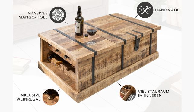 Dein neuer, handgefertigter Couchtisch - mit Stauraum und Weinregal!