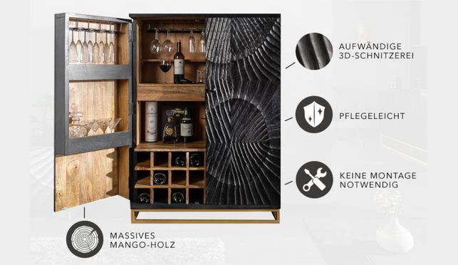 Dein neuer Barschrank aus massivem Mangoholz - mit viel Platz im Inneren.
