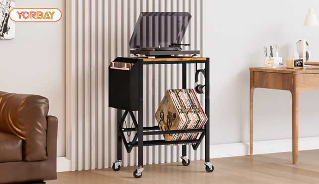 Rollbares Schallplatten Regal 2 in 1 Beistelltisch für Vinyls & HiFi Zubehör