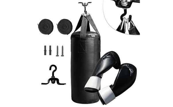 Boxsack Sandsack inkl. Boxhandschuhe + Aufhängung, 10KG schwarz, ca. 65 x 26 cm
