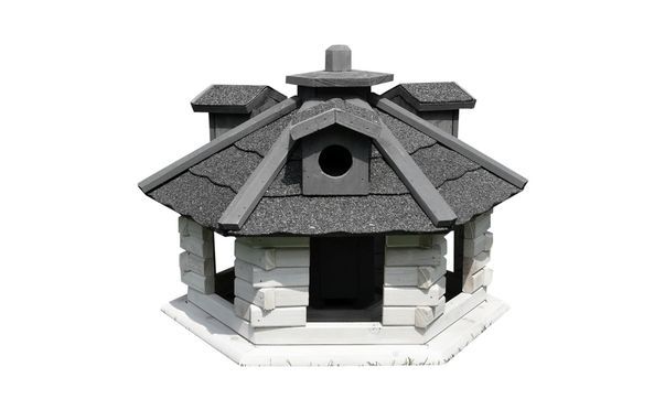 Vogelhaus 6-eckig mit Bitumschindeln und Futterspender Weiß/Grau 48 x 33 cm, vorbehandelt