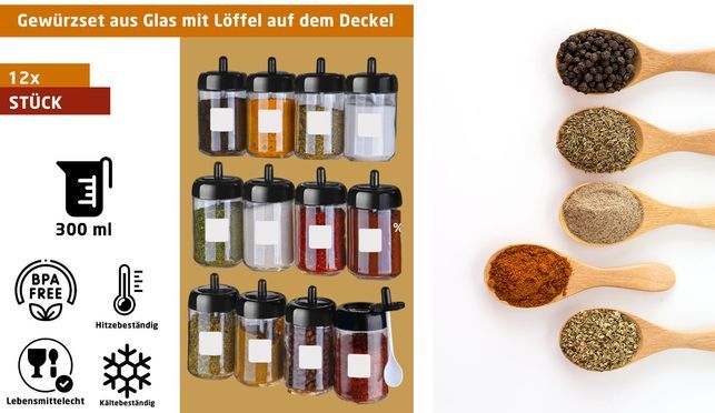 Glas Gewürzbehälter Set Vorratsgläser Vorratsdosen Gewürzdosen mit Deckel+Löffel