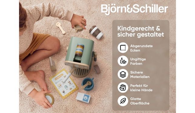 Björn & Schiller Kinder Holz Kaffeemaschine – 25 teiliges Spielset für kleine Baristas