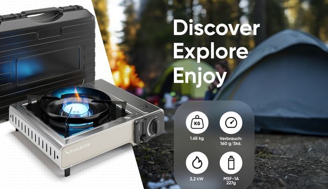Camping tragbar 1 flammig für Gaskartuschen 227g mit Piezozündung – Inkl. Transportkoffer