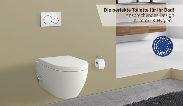 SPÜLRANDLOSES DUSCH WC MIT INEGRIERTER ARMATUR & WC SITZ MIT ABSENKAUTOMATIK