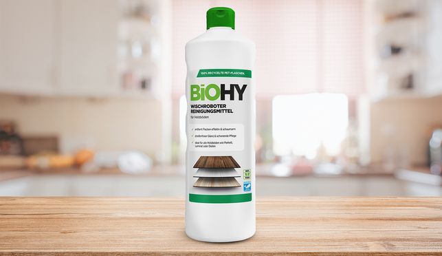 Mit dem BiOHY Wischroboter Reinigungsmittel sorgst Du für streifenfreie Sauberkeit auf allen Holzböd