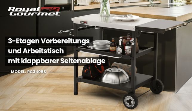 3 Etagen Vorbereitungs und Arbeitstisch mit klappbarer Seitentisch