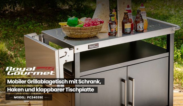 Royal Gourmet mobiler Grillablagetisch mit Schrank Haken und klappbarer Tischplatte