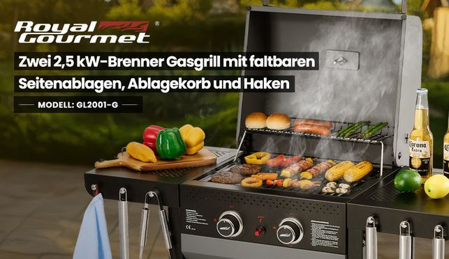 Royal Gourmet zwei 2,45 kW Brenner Gasgrill mit faltbaren Seitenablagen,Ablagekorb und Haken