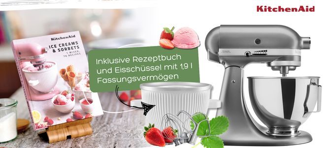 KitchenAid Eiscreme Set: Küchenmaschine + Eismaschine (Eisschüssel) + Rezeptbuch 