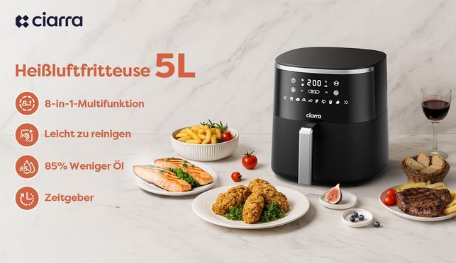 Heißluftfritteuse, 5 L Airfryer LED Display mit Touch Funktion, Einstellbare Temperatur, Timer