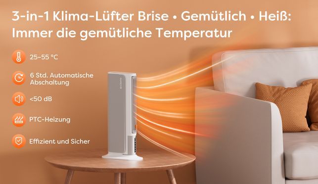Heizlüfter 3 in 1, Elektrische Heizung, PTC Heizung 3 Modus, Platzsparend leise Energiesparend