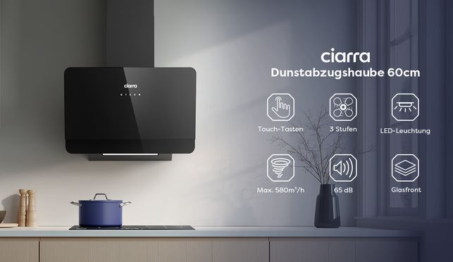 CIARRA Dunstabzugshaube 60cm Umluft 580 m³/h Kopffreie Schräghaube Abzugshaube